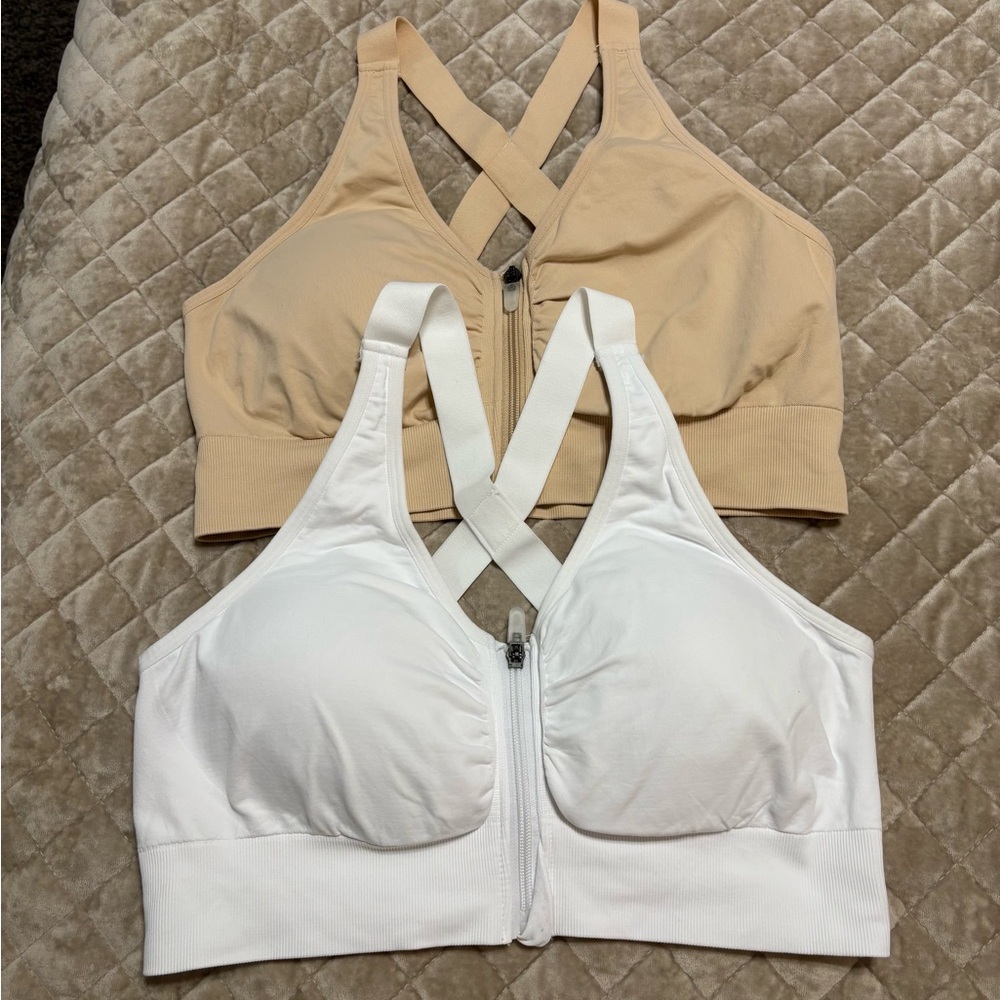 White and Tan Zip-Front Sports Bras